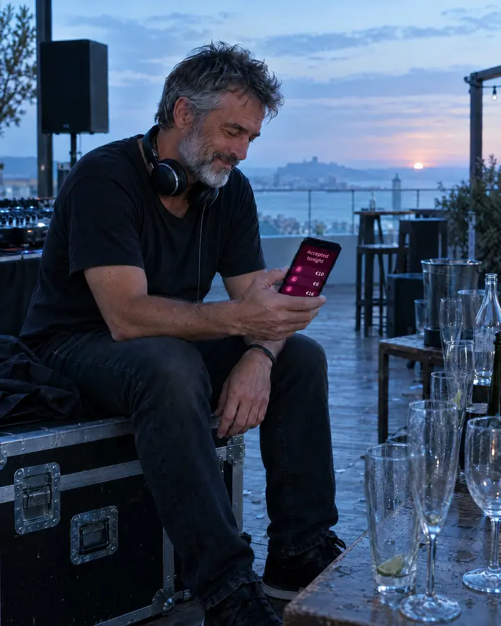 At dawn after the party, a DJ in his fifties sits on a flight case looking at the tips he accepted that night on his phone.