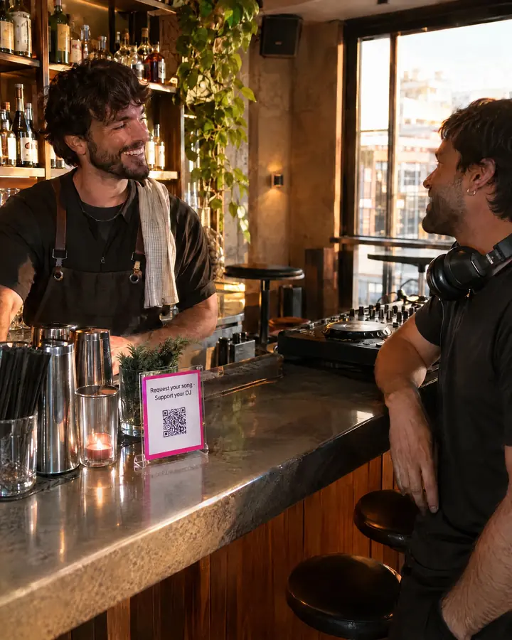 Before opening, a bartender and a DJ chat at the bar next to a card with the QR code "Request your song · Support your DJ".