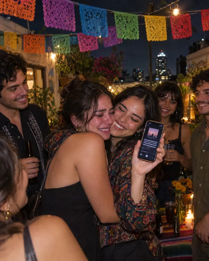 At a backyard party in Mexico City, a woman cries with joy hugging her friend, who shows her the dedication for her song on the phone.