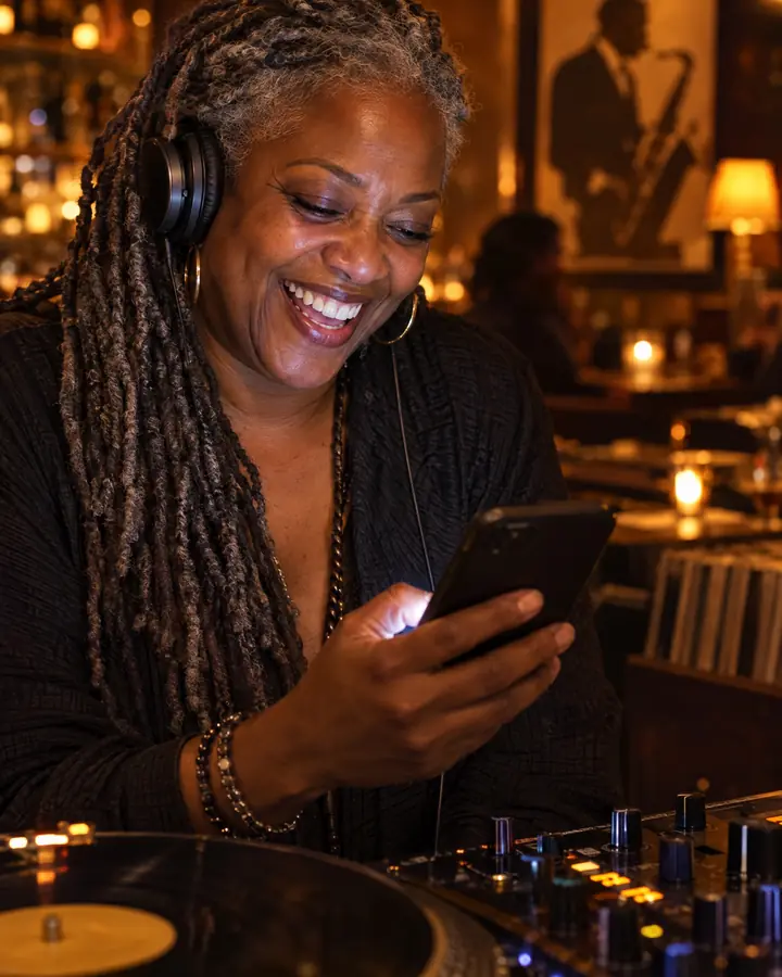 A DJ in her fifties, headphones on, laughs as she reads a request on her phone in a jazz bar.