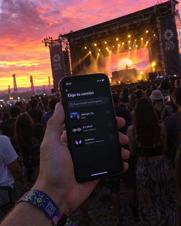 El escenario de un festival al aire libre al atardecer, con el público delante y alguien pidiendo una canción con el móvil.