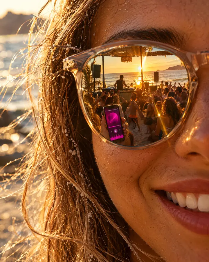 At sunset on an Ibiza beach, a woman's sunglasses reflect her phone with the app and the DJ booth on the sand.