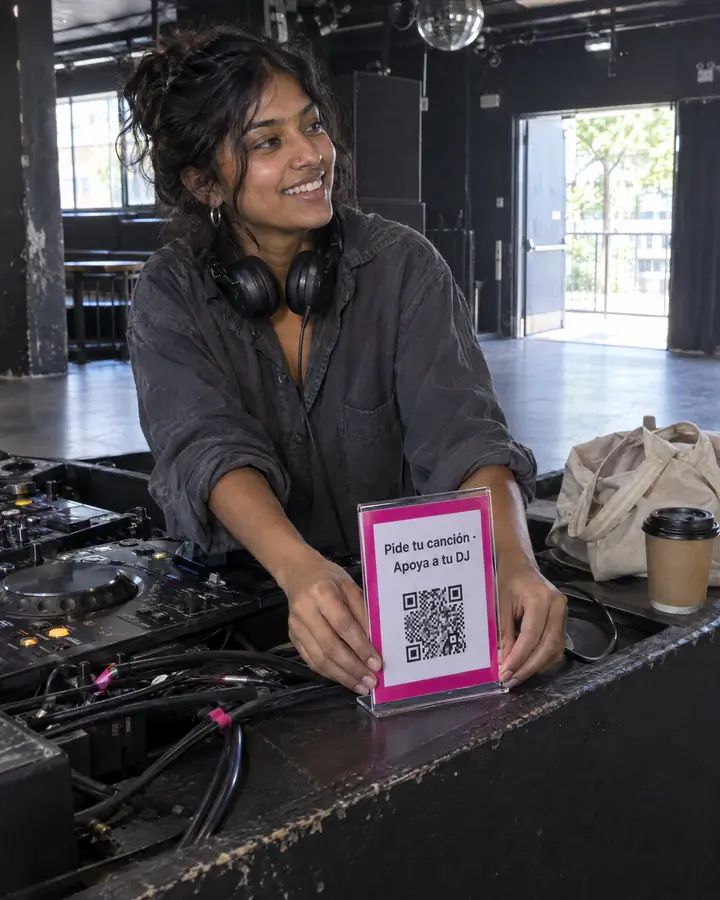 Antes de abrir, una DJ coloca en la cabina un soporte con su QR y el mensaje «Pide tu canción · Apoya a tu DJ».