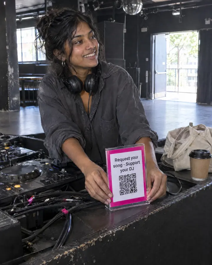Before doors open, a DJ sets a stand on the booth with her QR code and the message "Request your song · Support your DJ".