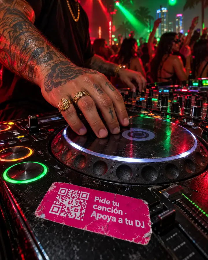 En un club de reguetón, una pegatina magenta con el QR y «Pide tu canción · Apoya a tu DJ» pegada en el controlador, junto a la mano tatuada del DJ.