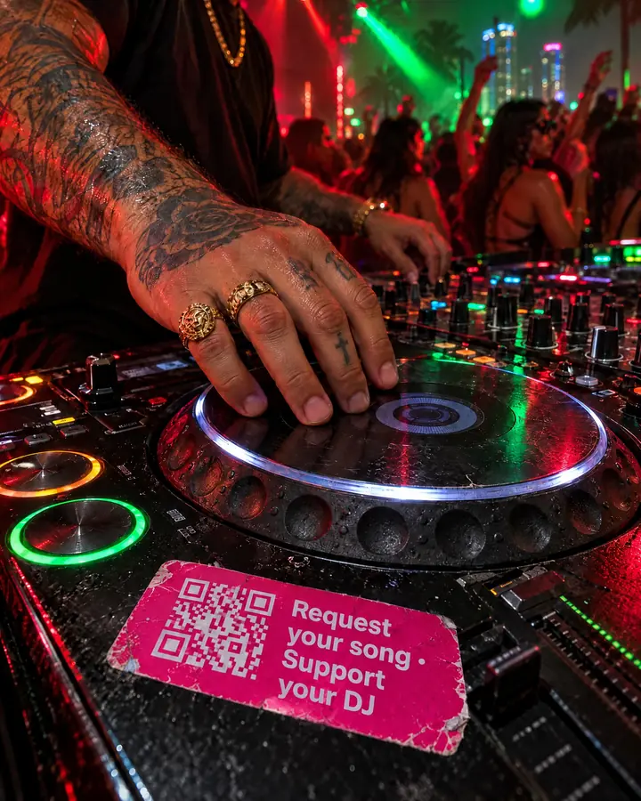 In a reggaeton club, a magenta sticker with the QR code and "Request your song · Support your DJ" stuck on the controller, next to the DJ's tattooed hand.